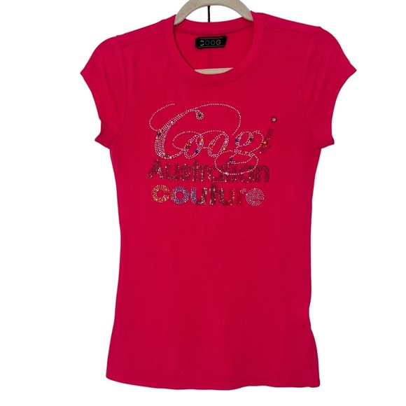 COOGI Tops - Coogi Y2K T-Shirt Womens L Hot Pink Short Sleeve Stretch Rhinestone Ribbed USA